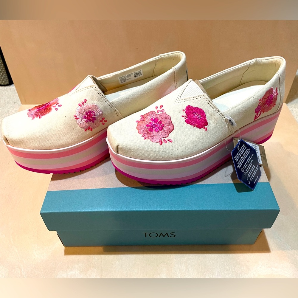 Tom’s Alpargata Platform Espadrille: White Cnavas with Pink Embroidered